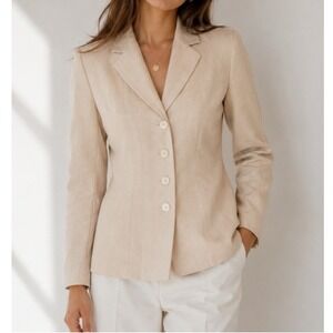 Le Suit Women's Beige Tan Pinstripe 4-Button Blazer Jacket Petite 6P NWOT